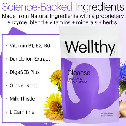 Wellthy Full Body Detox and Immune Support - Advanced Digestive Health, Gut Cleanse and Bloating Relief - All Natural Formula with Milk Thistle, Dandelion Extract and L-Carnitine | 30-Day Supply