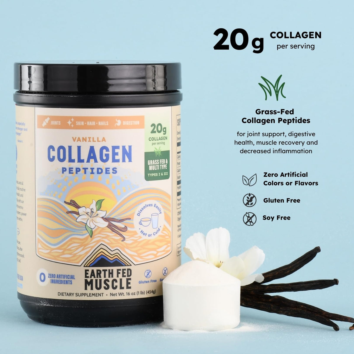Earth Fed Muscle Collagen Peptides, Unflavored, 23 Servings | Third-Party Certified, 20g Protein, Grass Fed, Non-GMO, Hormone Free, Gluten Free, Multi-Type
