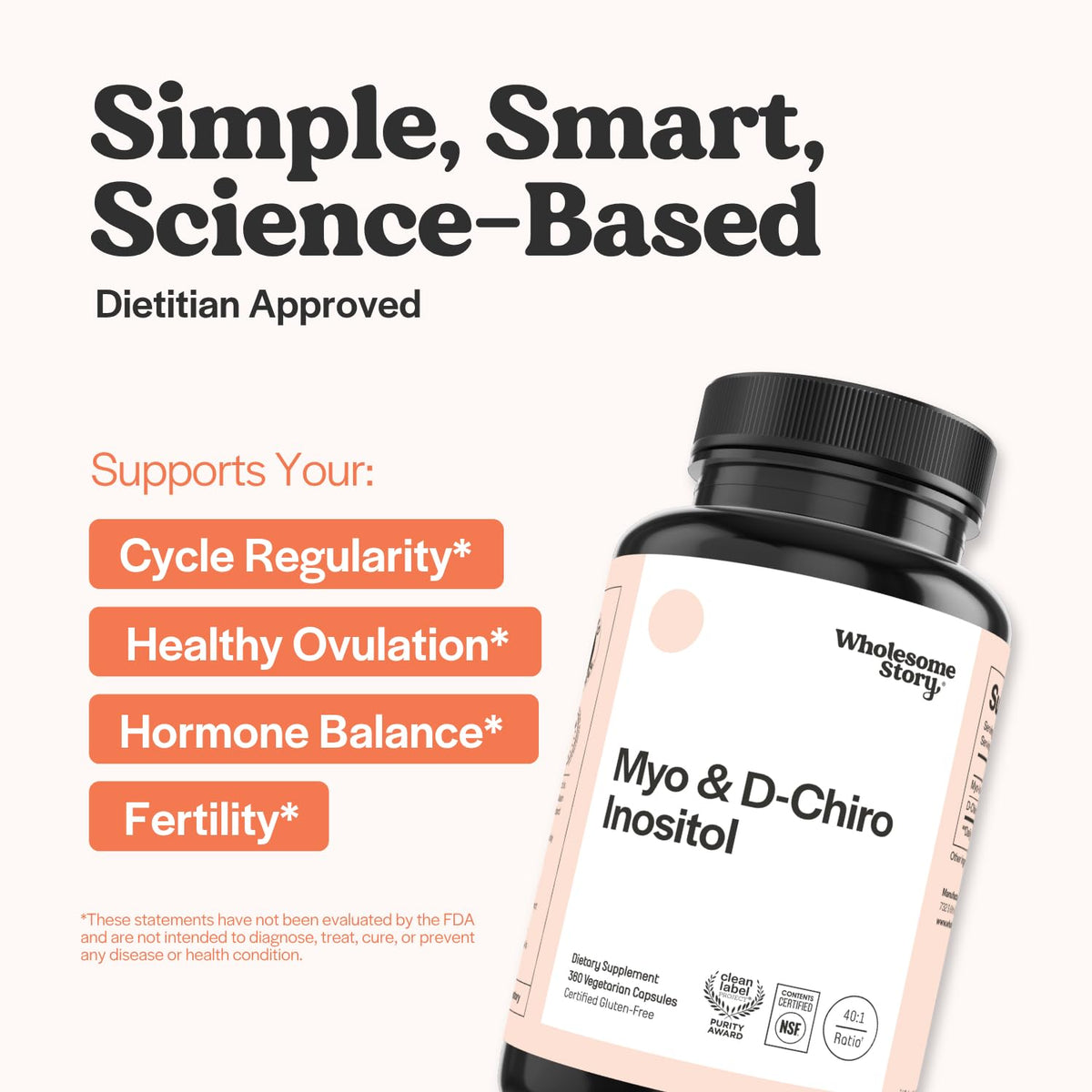 Wholesome Story Myo-Inositol & D-Chiro Inositol Supplement for Women | Fertility Supplements for Hormonal Balance & Ovarian Health Support | Myoinositol | Ideal 40:1 Ratio | 30 Servings