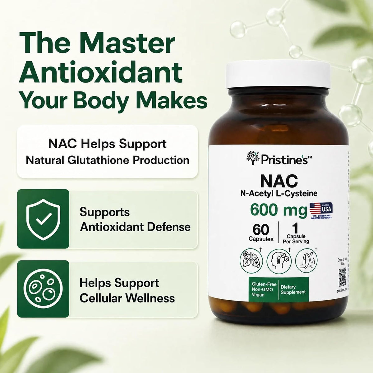 PRISTINE'S NAC 600mg N-Acetyl Cysteine Capsules, Glutathione Support | Glutathione support in a simple NAC capsule routine. Antioxidant support, 60 day supply, vegan, non-GMO, gluten-free