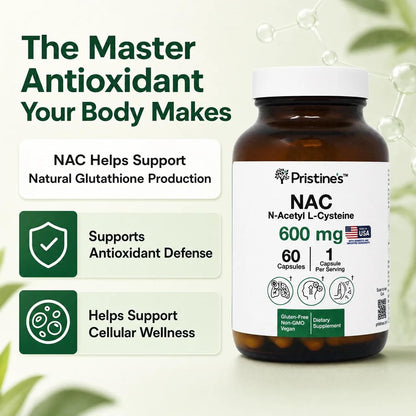 PRISTINE'S NAC 600mg N-Acetyl Cysteine Capsules, Glutathione Support | Glutathione support in a simple NAC capsule routine. Antioxidant support, 60 day supply, vegan, non-GMO, gluten-free