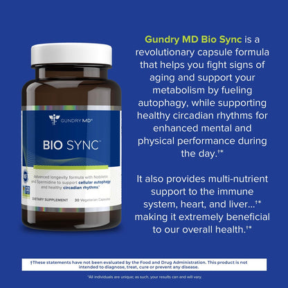 Gundry MD® Bio Sync Longevity Supplement, 30 Servings | Certified Vegan, Certified Gluten Free, Non-GMO, Sugar Free, Made with Spermidine, PEA, & Nobiletin, Feel More Energetic