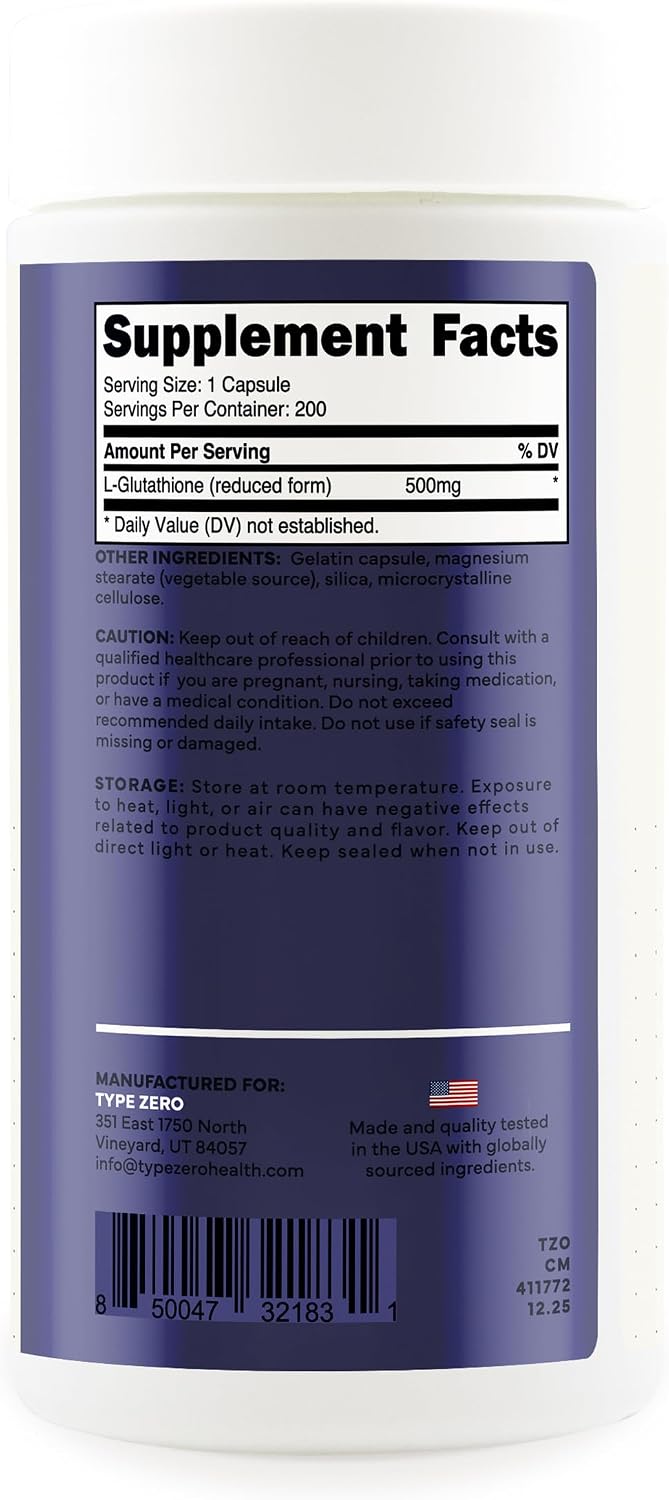 Type Zero Clean Glutathione (500mg) 200 Capsules, Reduced Form, Gluten-Free | GMO-Free