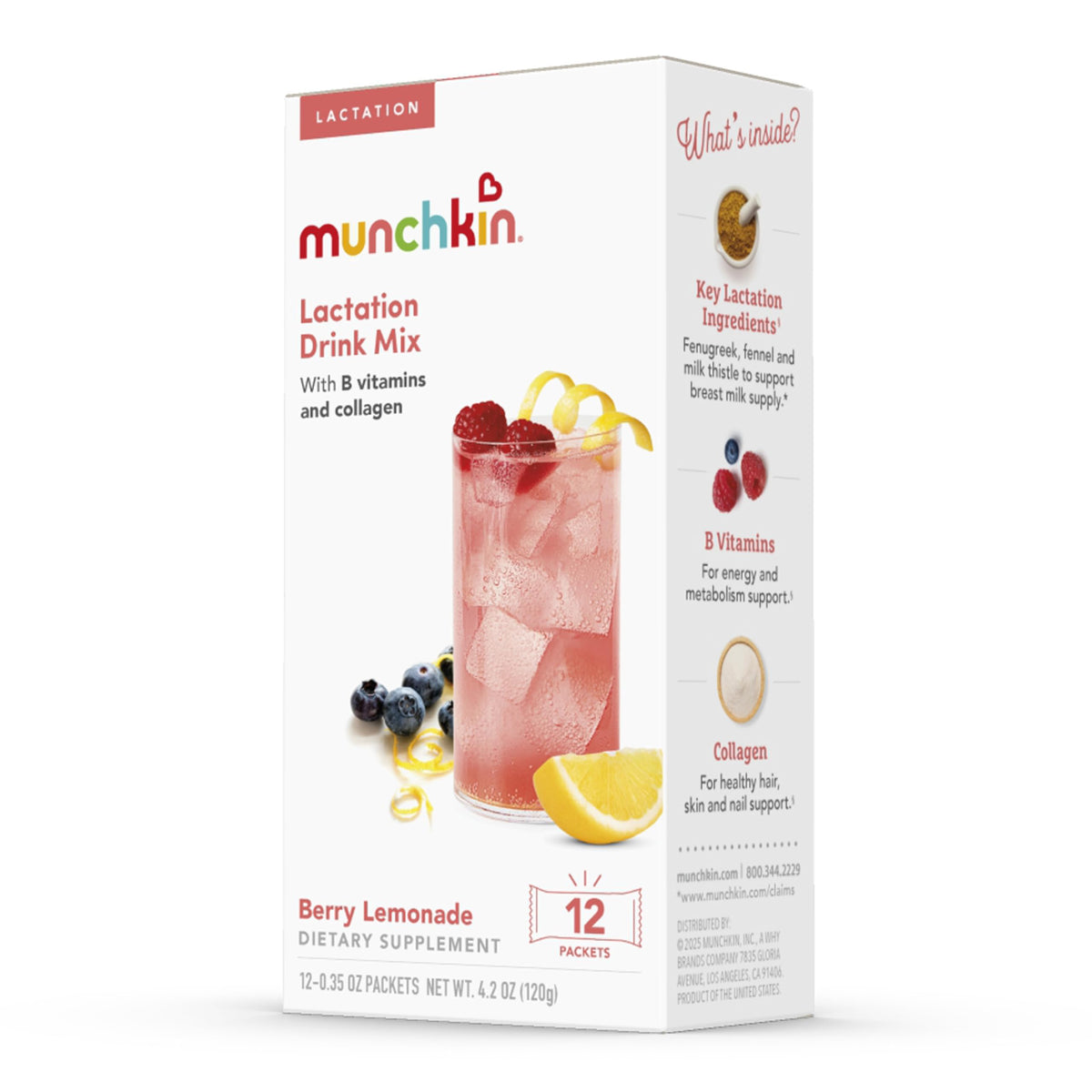 Munchkin Milkmakers Lactation Drink Mix Supplement with B Vitamins/Collagen/Fenugreek & Milk Thistle for Breastfeeding Moms, Berry Lemonade, 12 Count