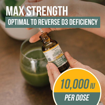 Organic Vitamin D3 10,000 IU - Plant D3, Vegan, Max Strength Sublingual Liquid D3 Drops - 200% Higher Absorption, 100% Plant-Based Cholecalciferol Form & Vegan D3, Adjustable Dosing (30 Servings)