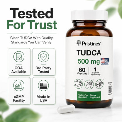PRISTINE'S TUDCA 500mg Liver & Bile Flow Support Capsules, 60 Day Supply | Tauroursodeoxycholic acid formula for liver, bile flow and digestive support. Vegan, non-GMO, gluten-free glass bottle