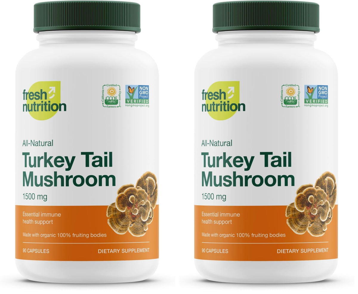 Fresh Nutrition Organic Turkey Tail Mushroom Extract Supplement - High in Beta Glucans – Non-GMO, Vegan Friendly, Gluten-Free - 90 Capsules