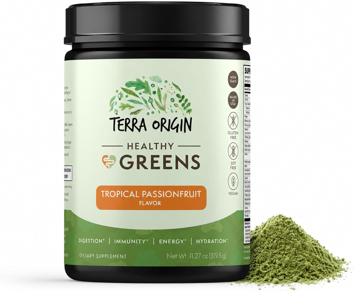 TERRA ORIGIN Greens Superfood Powder | Green Juice Powder with Probiotics & Enzymes | Plant Based Super Greens for Energy, Gut & Immune Support | Vegan, Non-GMO | 30 Servings Tropical Passionfruit