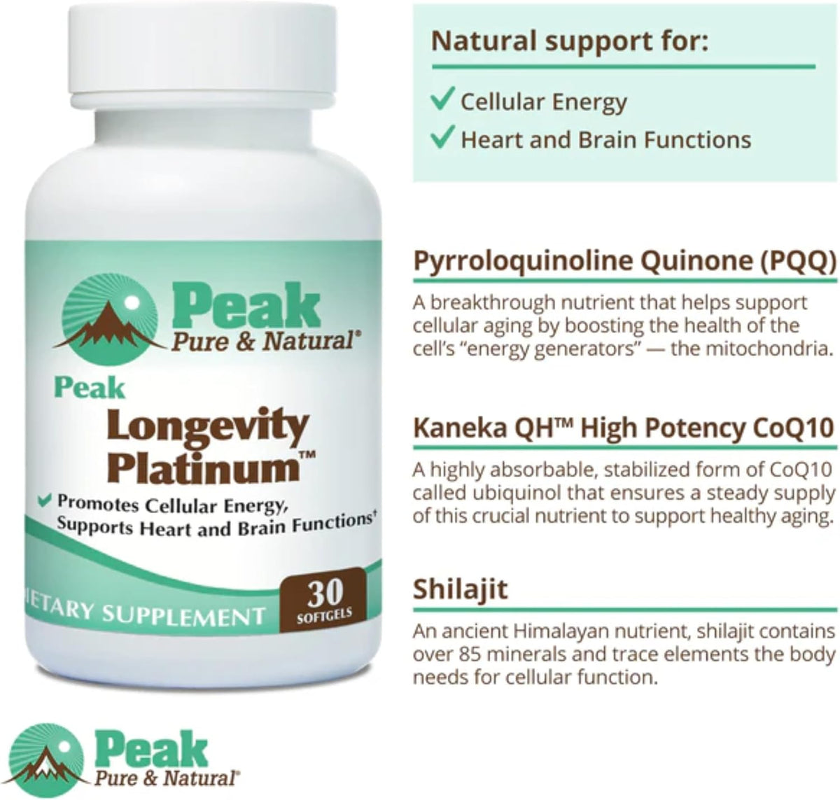 Peak Longevity Platinum PQQ Supplement with Coenzyme Q10 - Pyrroloquinoline Quinone with Ubiquinol CoQ10 and Shilajit - Mitochondrial Supplement for Natural Energy and Healthy Aging (30 Softgels)