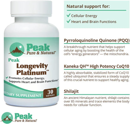 Peak Longevity Platinum PQQ Supplement with Coenzyme Q10 - Pyrroloquinoline Quinone with Ubiquinol CoQ10 and Shilajit - Mitochondrial Supplement for Natural Energy and Healthy Aging (30 Softgels)