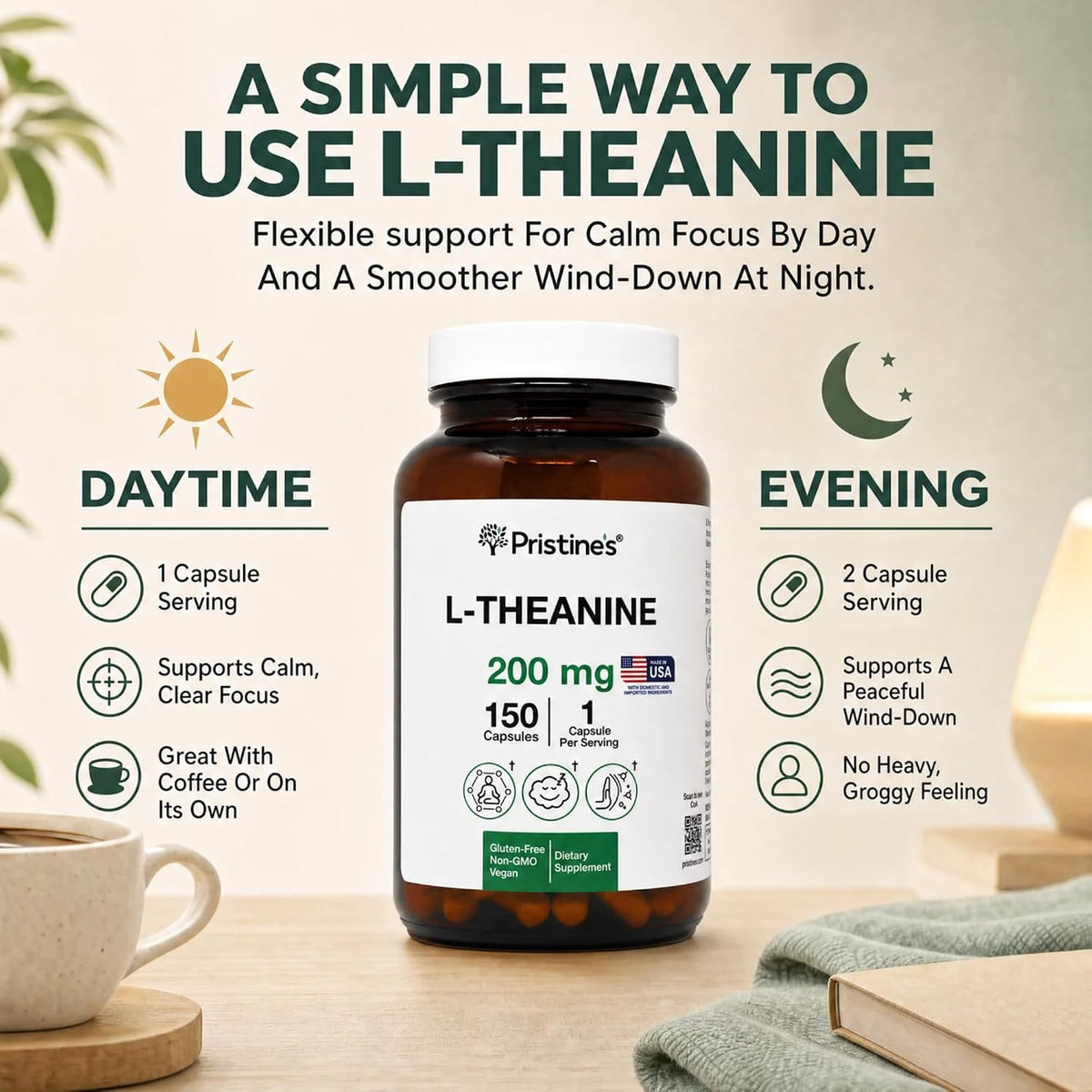 PRISTINE'S L-Theanine 200mg Capsules Sleep & Relaxation, Vegan, 150 Count | Calm focus, sleep and relaxation support without caffeine or stimulants. 150 count, vegan, non-GMO, gluten-free glass bottle