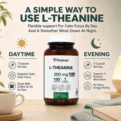 PRISTINE'S L-Theanine 200mg Capsules Sleep & Relaxation, Vegan, 150 Count | Calm focus, sleep and relaxation support without caffeine or stimulants. 150 count, vegan, non-GMO, gluten-free glass bottle
