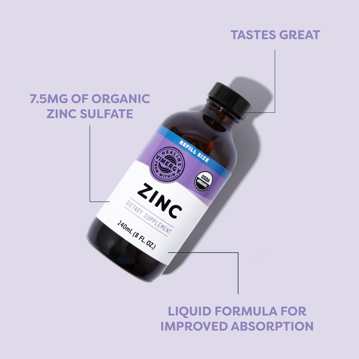 VIMERGY USDA Organic Zinc Supplements for Women & Men (7.5mg Liquid Zinc Per Serving) Fast-Absorbing Immune Support, Promotes Healthy Bones & Skin, Vegan, Up to 57 Servings (115 mL)