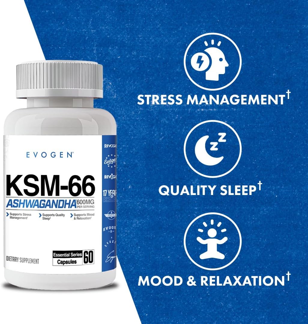 Evogen KSM-66 Ashwagandha 600mg | 60 Capsules | Clinically studied adaptogen for stress relief, restful sleep, focus, mood balance and recovery