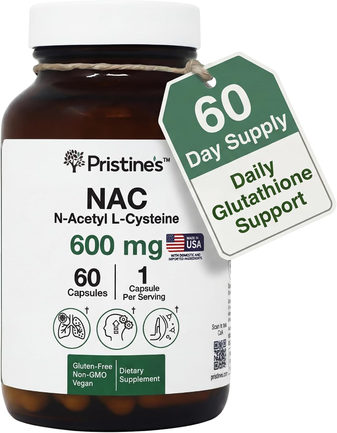 PRISTINE'S NAC 600mg N-Acetyl Cysteine Capsules, Glutathione Support | Glutathione support in a simple NAC capsule routine. Antioxidant support, 60 day supply, vegan, non-GMO, gluten-free