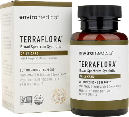 Terraflora Daily Care Synbiotic, Spore Probiotic & Prebiotic, 60 Ct | Soil-based, shelf-stable, allergen-friendly spore probiotics & prebiotics for daily gut health. 60 caps.