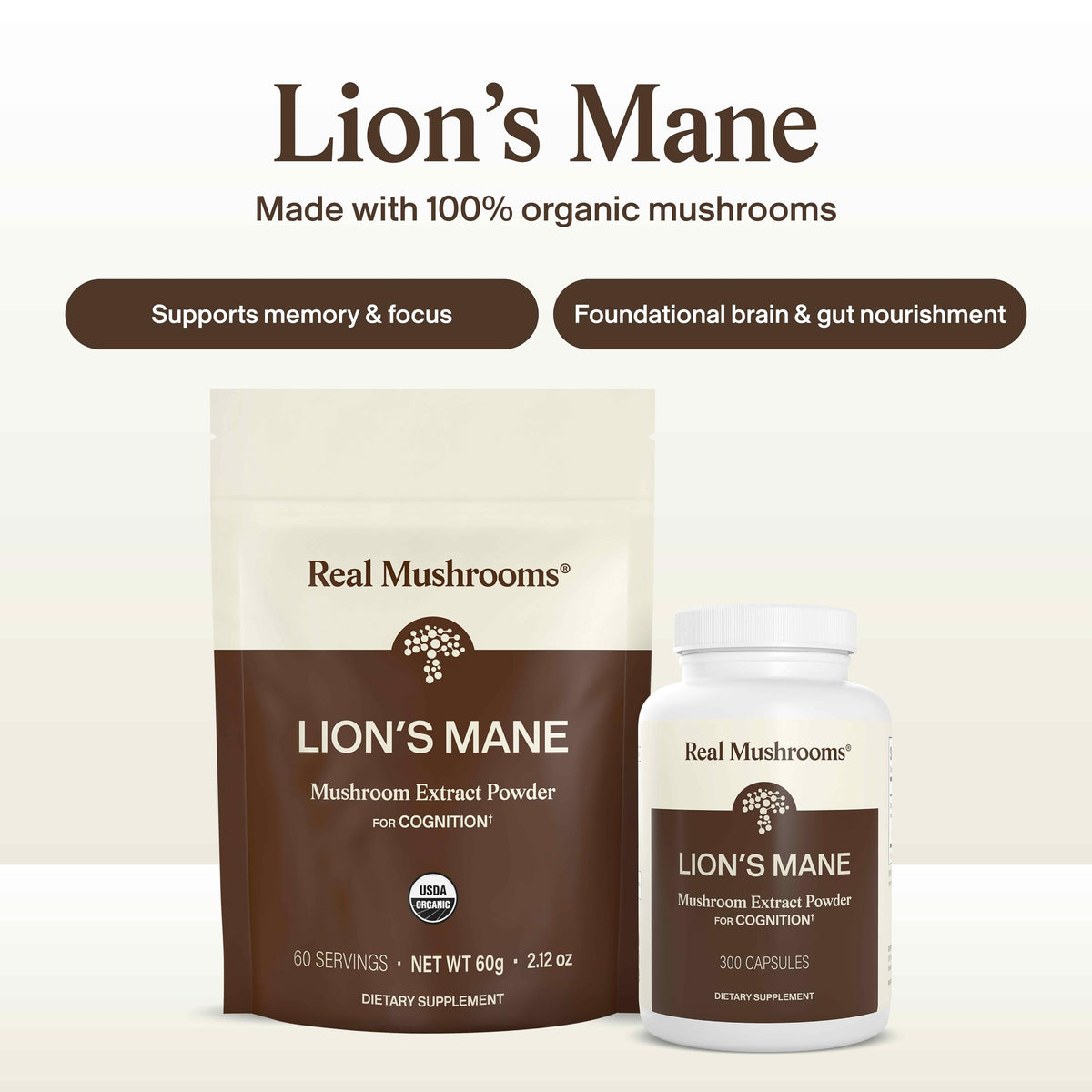Real Mushrooms Lions Mane Mushroom Cognition (120 Capsules) Lions Mane Mushroom Powder Extract Capsules | Brain Supplement, Brain Vitamins, Focus Supplement