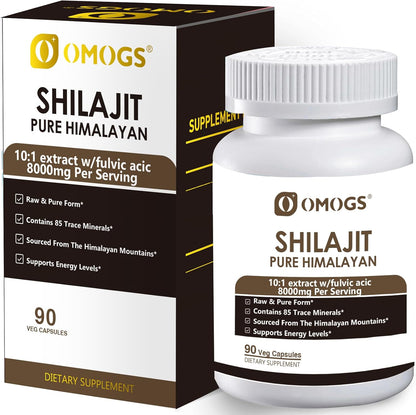 OMOGS Shilajit Pure Himalayan Organic Shilajit Capsules, with Fulvic Acid & 85+ Trace Minerals Complex for Energy, Strength, Stamin & Immunity, for Men/Women - 90 Veg Capsules