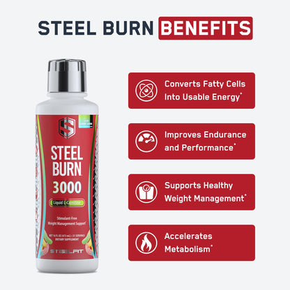SteelFit Steel Burn, Premium Liquid L-Carnitine, 3000mg, Island Pineapple | Stimulant-Free & Clean Workout Drink for Men & Women Supports Healthy Weight Loss Management & Fat Metabolism - 31 Servings