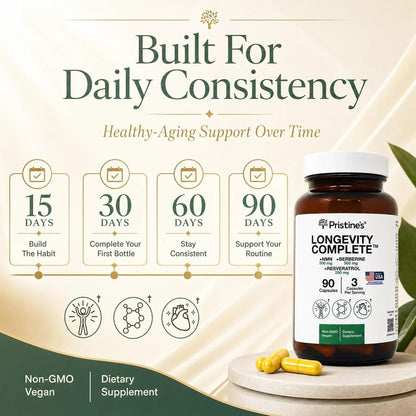 PRISTINE'S Longevity Complete NMN Resveratrol Anti-Aging Cellular Support | NMN, resveratrol and berberine in one longevity stack for anti-aging cellular support. Vegan, non-GMO, 90 count glass bottle