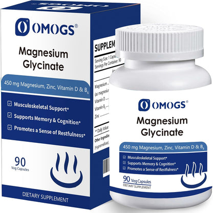 OMOGS High Absorption Magnesium Glycinate, for Supporting Sleep, Muscle Relaxation, Heart Health & Bone Health, Gluten Free, Non-GMO, 90 Vegetarian Capsules