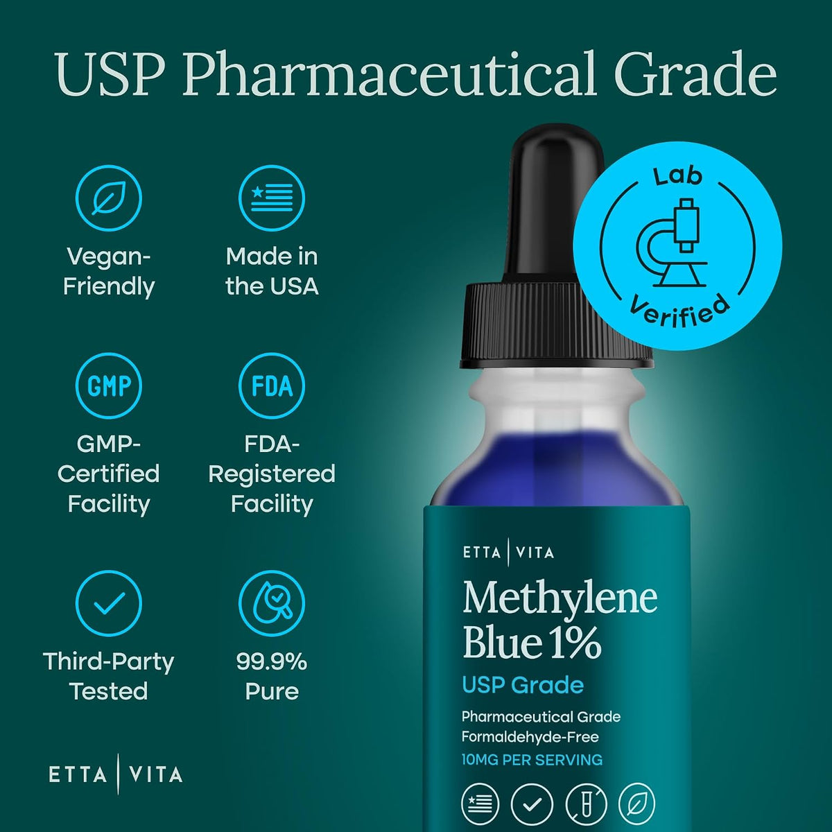 Methylene Blue Pharmaceutical Grade 99.99% Pure 1% Solution, 2oz Tincture | Methylene blue drops for energy, focus, clarity, cognition & cellular support, 3rd party tested, formaldehyde-free, USA