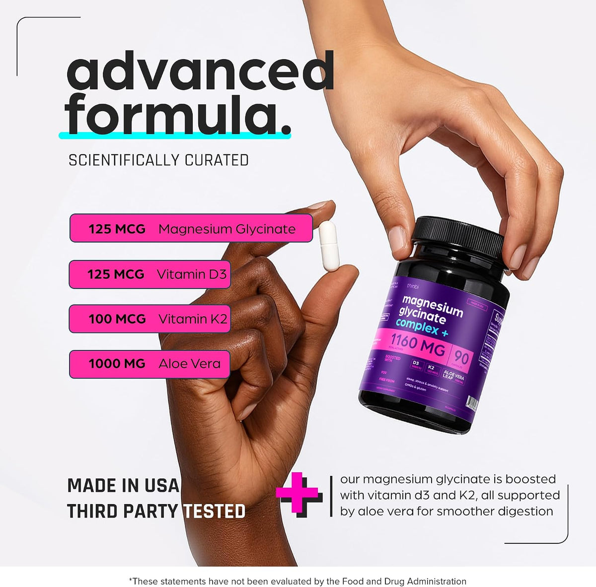 Magnesium Glycinate 1160mg + Aloe Vera, D3 & K2 Complex
