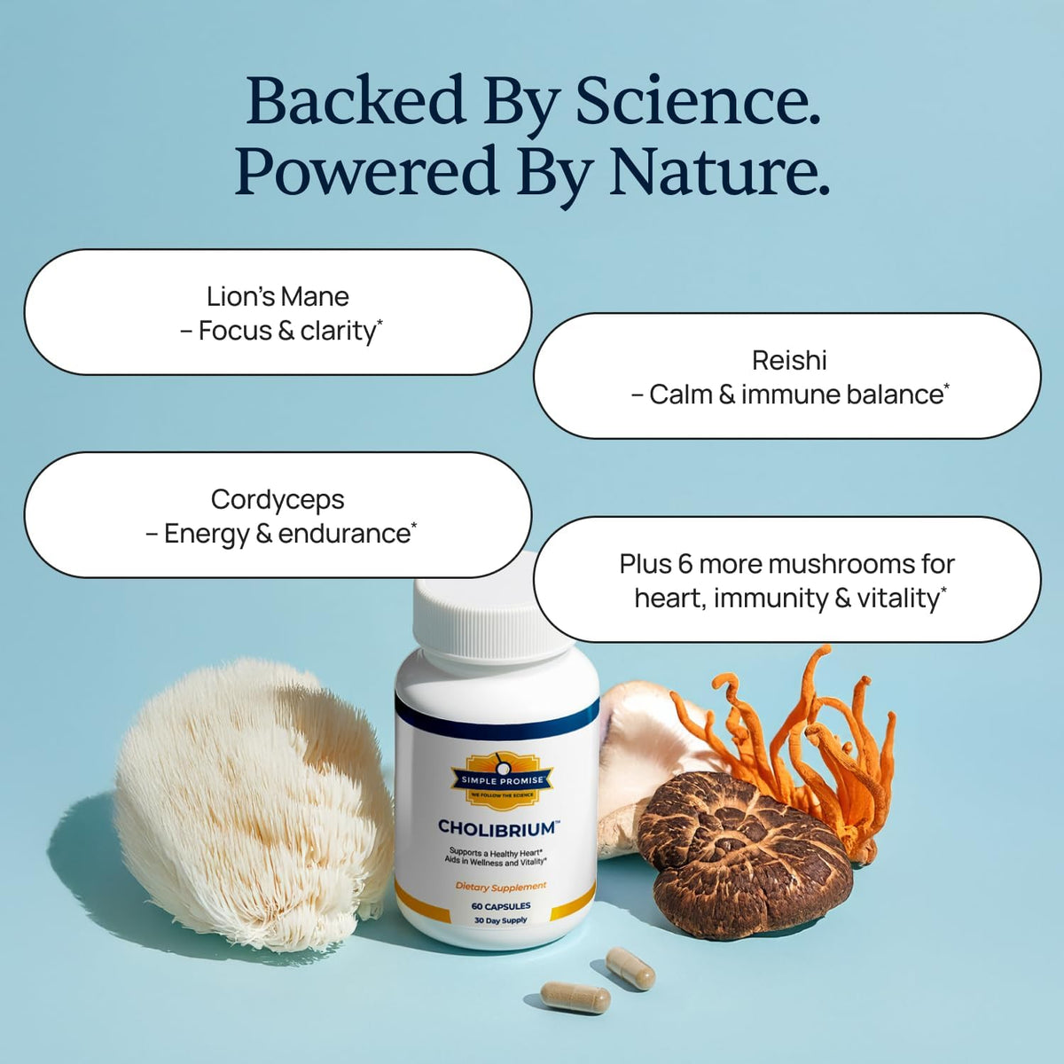 Cholibrium - 9-in-1 Mushroom Complex for Immunity - Lion's Mane and Reishi | 9-Mushroom Complex, Immune and Focus Support, Cordyceps and Shiitake, Simple 2-Capsule Routine, Vegan, 1,330mg