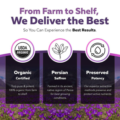 Organic Saffron Extract: Optimized Extract with Safromotivines, Safranal, and Crocins – Clinically Studied | Premium Persian Sargol Quality | Supports Mood, Calmness, and Relaxation – 30 Servings