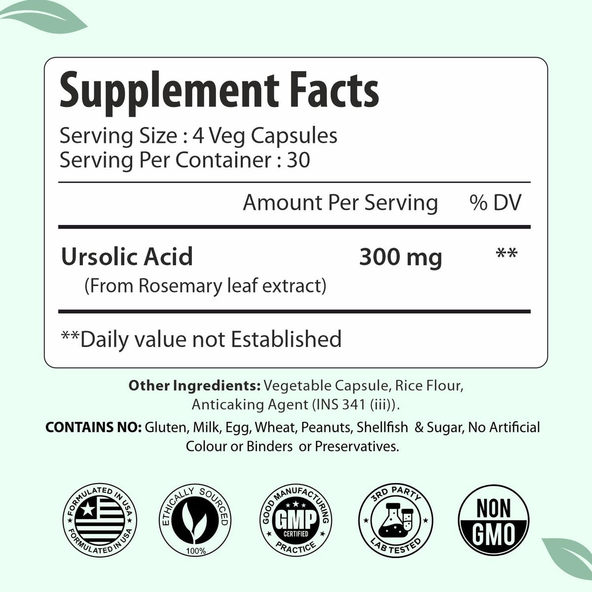 Ursolic Acid Supplement 300mg, 120 Vegan Capsules | Natural Rosemary Leaf Extract, 1 Month Supply, Non-GMO & Gluten Free Ursolic Acid Capsules for Men and Women