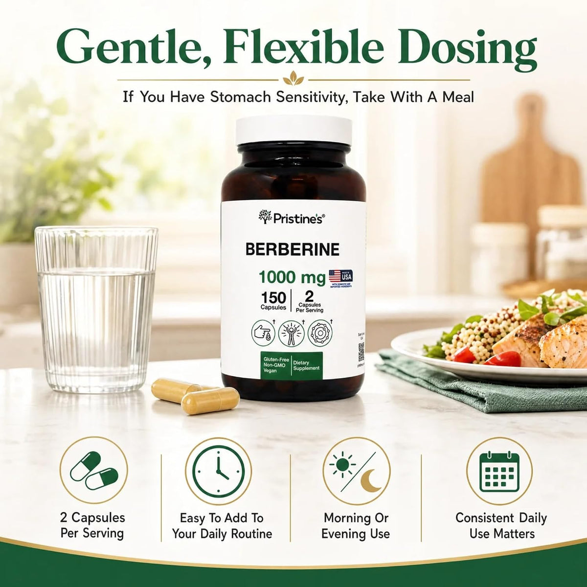 PRISTINE'S Berberine 1000mg Capsules, Daily Wellness Support, 75 Day Supply | Simple 2-capsule berberine routine with 1000mg per serving. Daily wellness, 75 day supply, vegan, non-GMO, gluten-free