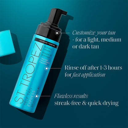 St.Tropez Light/Medium/Dark 1-3 hr Express Mousse for a Streak-Free, Natural Sunless Tan with Fast Application and Flawless Results, Cruelty-Free & Vegan, 6.7 fl oz