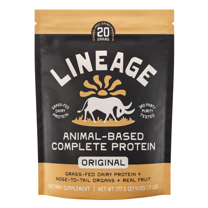 Lineage Provisions Chocolate Whey Protein Powder, 3.09 lbs | 20g complete grass-fed protein with organs, colostrum & fruit. No gums, fillers or artificial sweeteners.