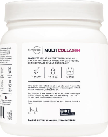 Type Zero Multi Collagen Powder 30 Servings (Unflavored) - Types I, II, III, V, & X Collagen Peptides + Hyaluronic Acid, VIT C, Biotin