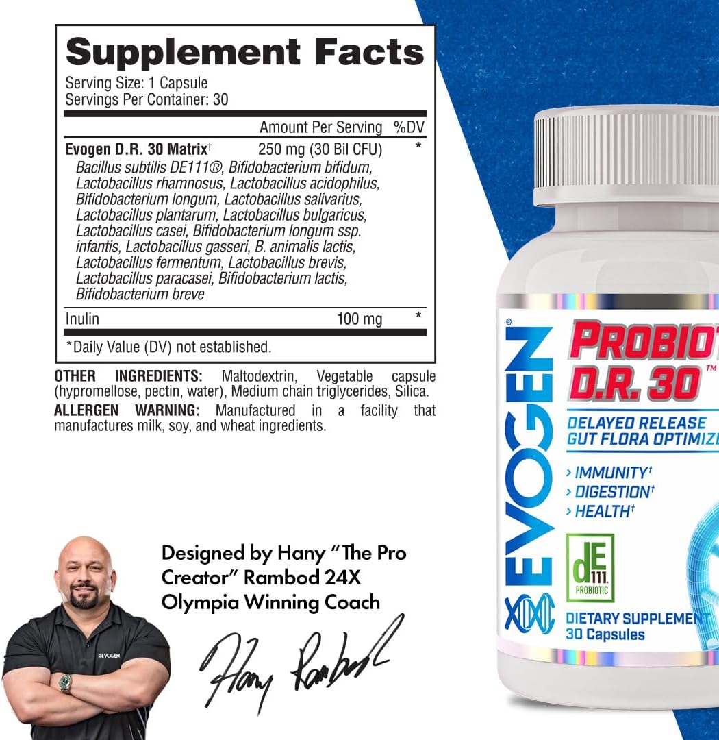 Evogen Probiotic D.R. Gut Health | 30 Billion CFUs | 30 Capsules | DE111 clinically researched strain, delayed-release for immunity, digestion and nutrient absorption