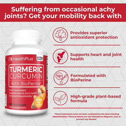Health Plus Turmeric Curcumin with BioPerine, 90 Capsules, 30 Servings | 150mg Turmeric Extract 95% Curcuminoids with BioPerine, no preservatives; supports joint health and antioxidant protection