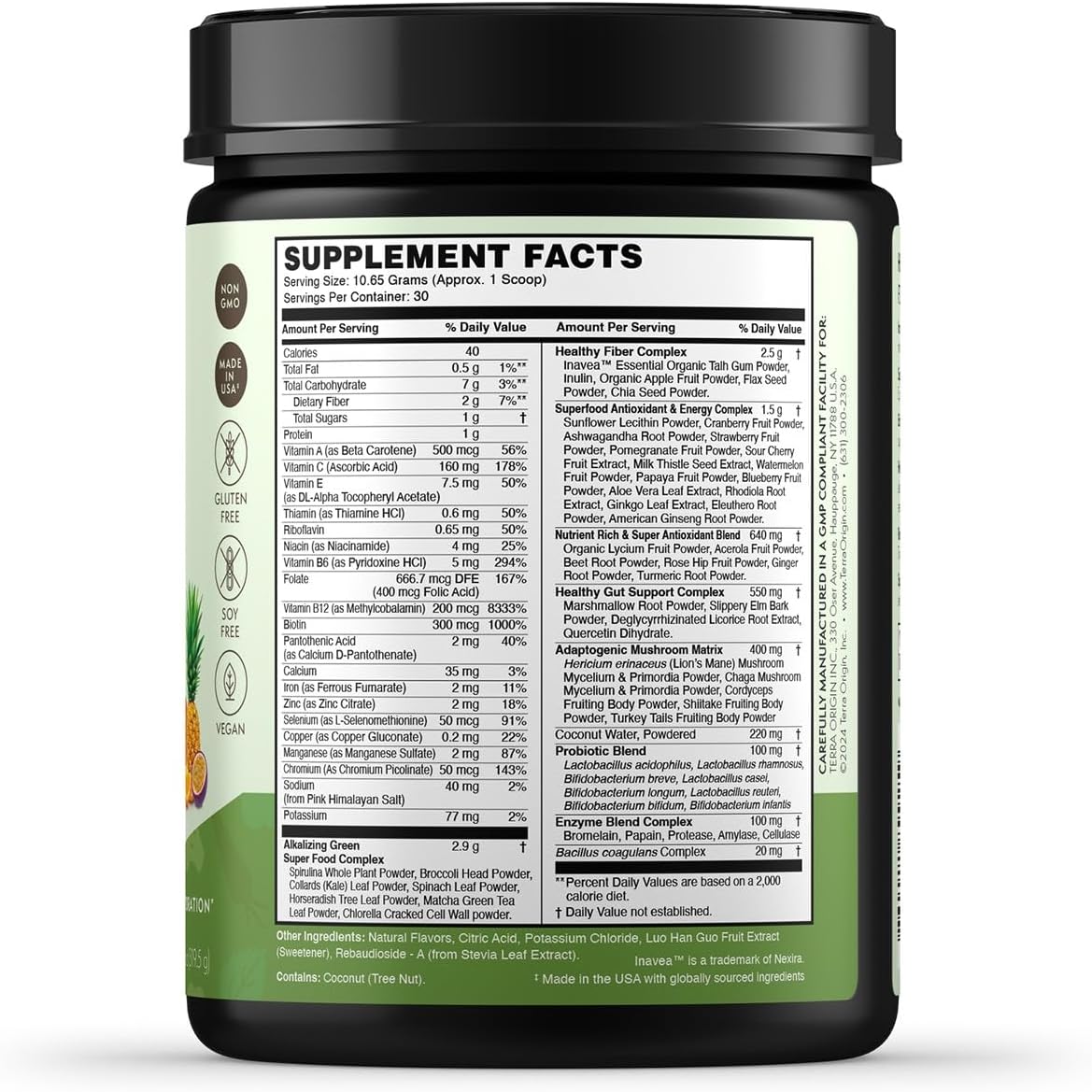 TERRA ORIGIN Greens Superfood Powder | Green Juice Powder with Probiotics & Enzymes | Plant Based Super Greens for Energy, Gut & Immune Support | Vegan, Non-GMO | 30 Servings Tropical Passionfruit