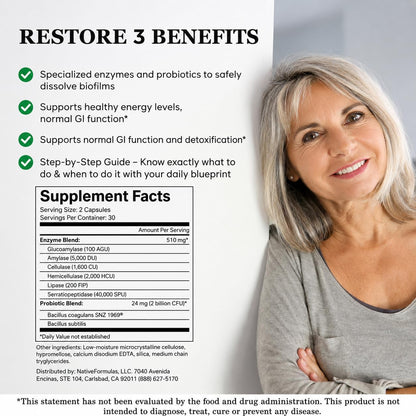 Native Formulas Restore 3 Proteolytic Enzyme & Spore Probiotic Blend Supplement - 60 Capsules - Advanced Biofilm Disruption Aid - Support GI Health, Fibromyalgia, Gut Flora, Muscle