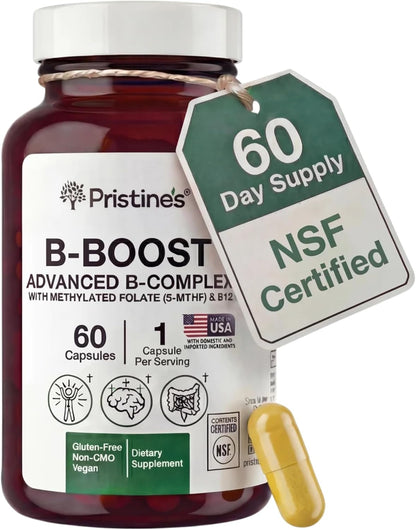 PRISTINE'S NSF Certified B Boost Methylated B Complex, 5-MTHF, 60 Count | Energy metabolism support with methyl B12 and choline in a methylated B complex. Vegan, non-GMO, gluten-free