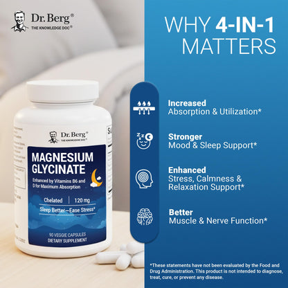 Dr. Berg Magnesium Glycinate 150ct – 4-in-1 Chelated for Muscle, Nerve, Sleep & Stress Support*– w/ D3, B6 & Zinc – 4X Lab-Tested – No Fillers – Formulated in USA, GMP-Certified