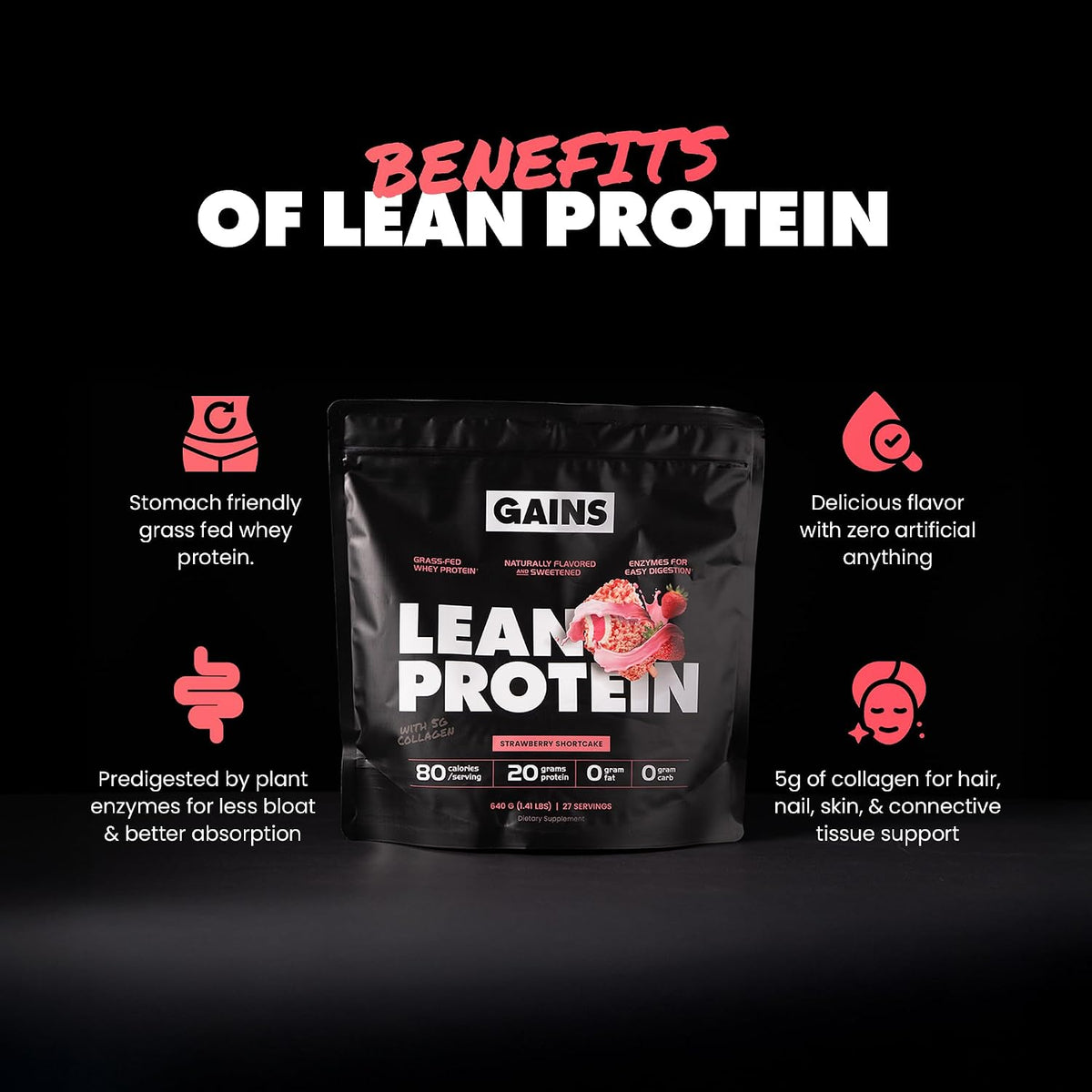 Gains in Bulk Lean Protein Powder with 20g Protein, Strawberry, 27 Servings