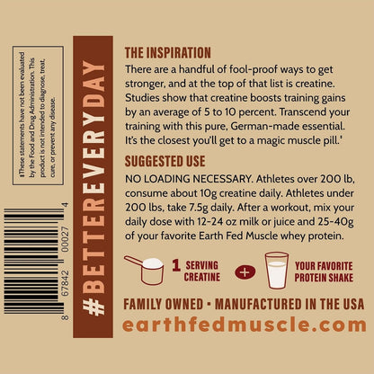 Earth Fed Muscle Creatine Monohydrate Powder, 300g, Unflavored | 60 Servings, German Creapure Creatine, For Strength, Power & Muscle Growth, Mixes Clean, No Fillers