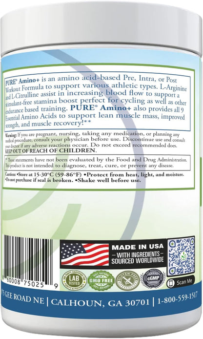 PURE® Amino+ Essential Amino Acids Powder - 30 Servings, 500g - Full Spectrum EAA with L-Arginine, L-Citrulline & Beet Root - Muscle Recovery & Hydration Drink - Fruit Punch Flavor, Made in USA