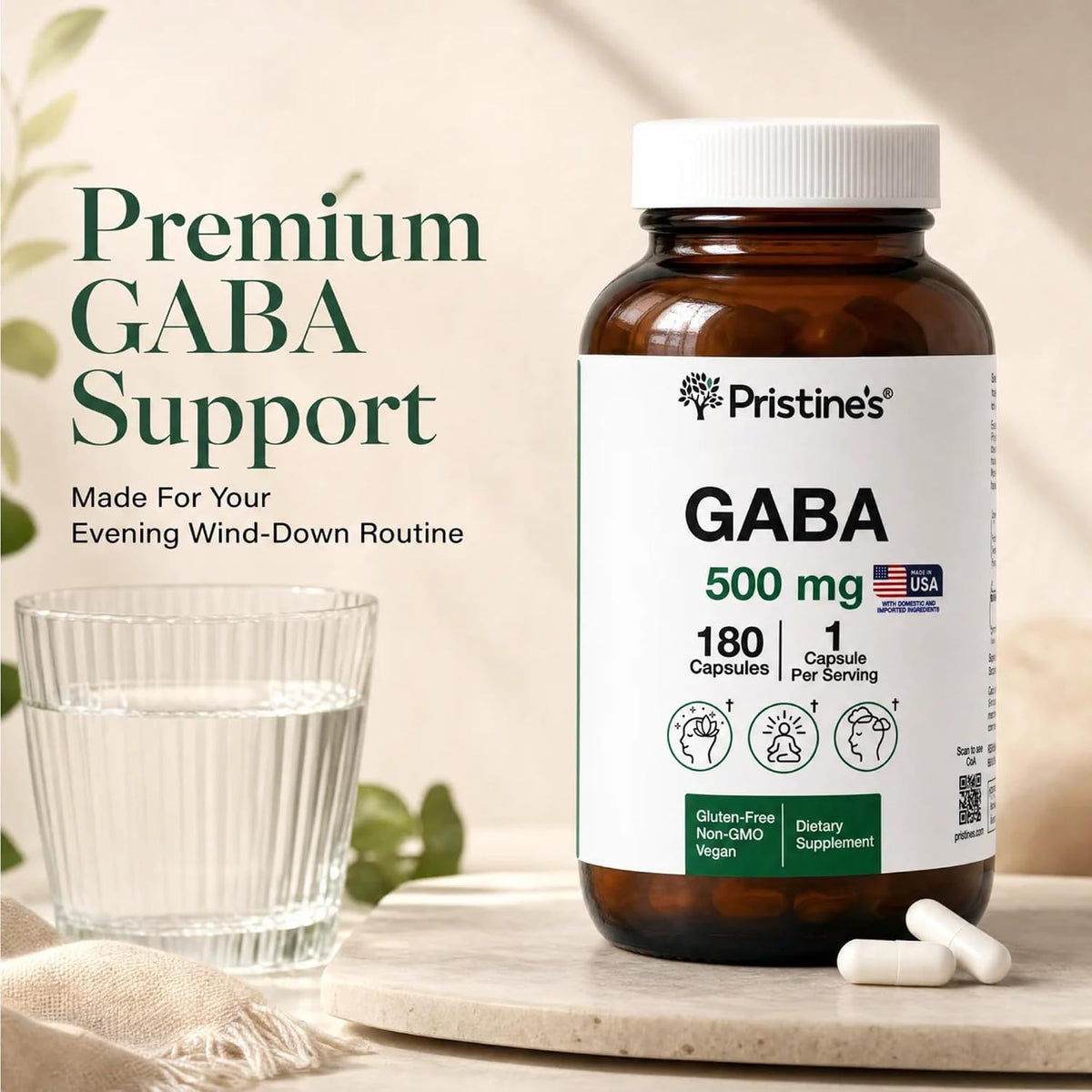PRISTINE'S GABA 500mg Capsules Sleep Support, Relaxation, 180 Count, Vegan | Evening calm and relaxation support for a simple sleep routine. 180 servings, vegan, non-GMO, gluten-free glass bottle
