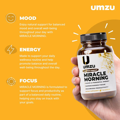 UMZU Miracle Morning Energy Support Supplement, 30 Day Supply | PurCaf Caffeine and Theacrine, Organic Ingredients, Morning Energy, Focus and Mood Support, Daily Energy and Focus Supplement