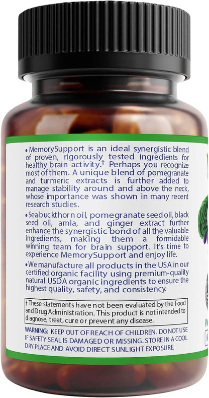 Bodymune MemorySupport Brain Health Formula | Supports Mental Clarity, Recall & Concentration* | USDA Organic Nootropic Blend with Ginkgo Biloba & Ashwagandha | 60 Vegan Caps | Made in USA