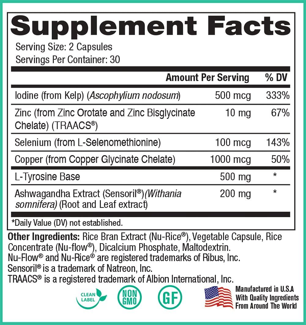 Thyroid Support by Peak Pure & Natural | Thyroid Supplement and Metabolism Booster to Support Weight Maintenance | Iodine Supplement Designed for Underactive Thyroid | 60 Capsules