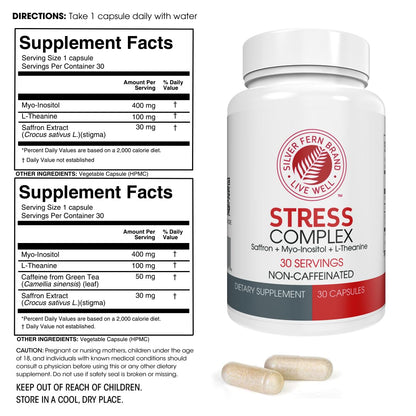 Silver Fern Stress Complex Supplement - with Caffeine - Sleep, Worry | Mood & More with Saffron Supplements, L-Theanine Supplement, and Myo inositol Natural Stress Relief Supplements 30 Servings