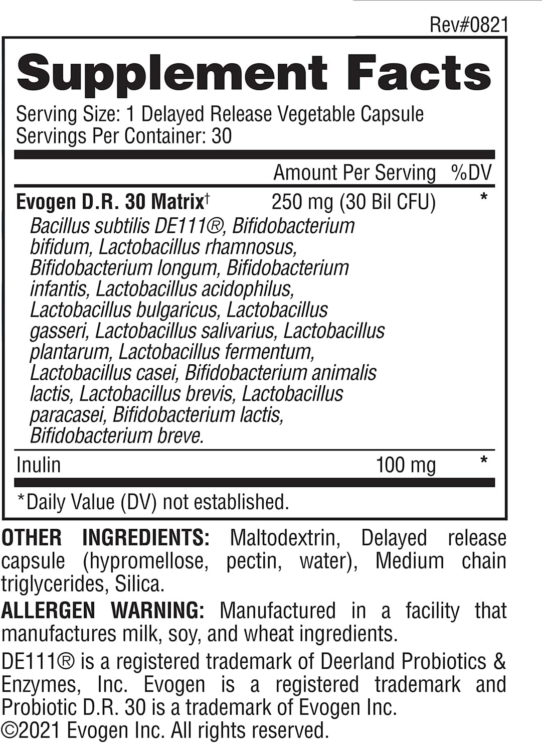 Evogen Probiotic D.R. Gut Health | 30 Billion CFUs | 30 Capsules | DE111 clinically researched strain, delayed-release for immunity, digestion and nutrient absorption