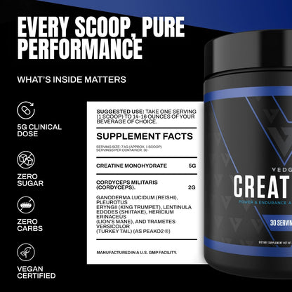 VEDGE Creatine Monohydrate, with PeakO2 Organic Mushroom Blend, 30 Servings | Creatine Monohydrate with Mushrooms, Organic Mushroom Blend With PeakO₂ Cordyceps Lion’s mane and Reishi, Unflavored